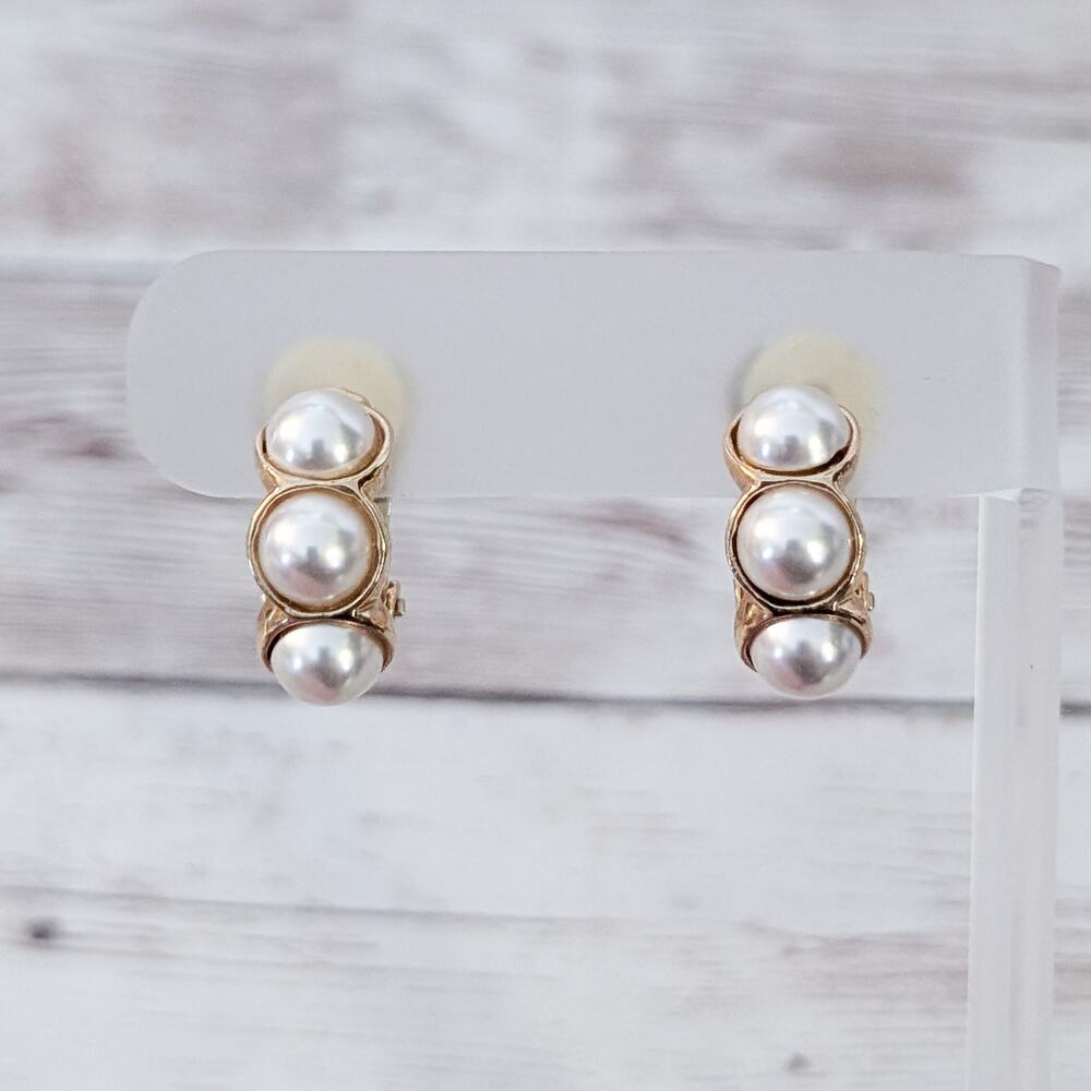 Vintage Clip On Earrings Faux Pearl Half Hoop Trio Classic Statement